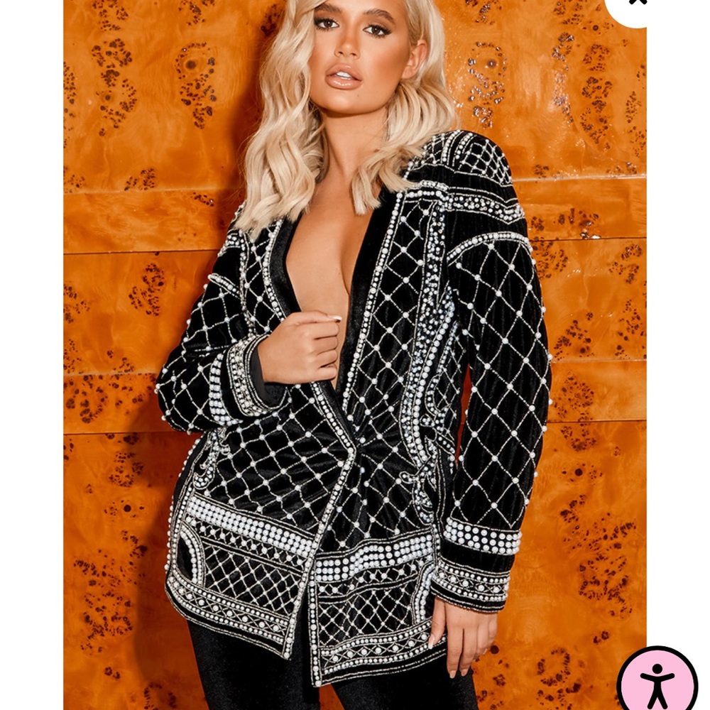 PLT Black Velvet Embellished Beaded Oversized Blazer